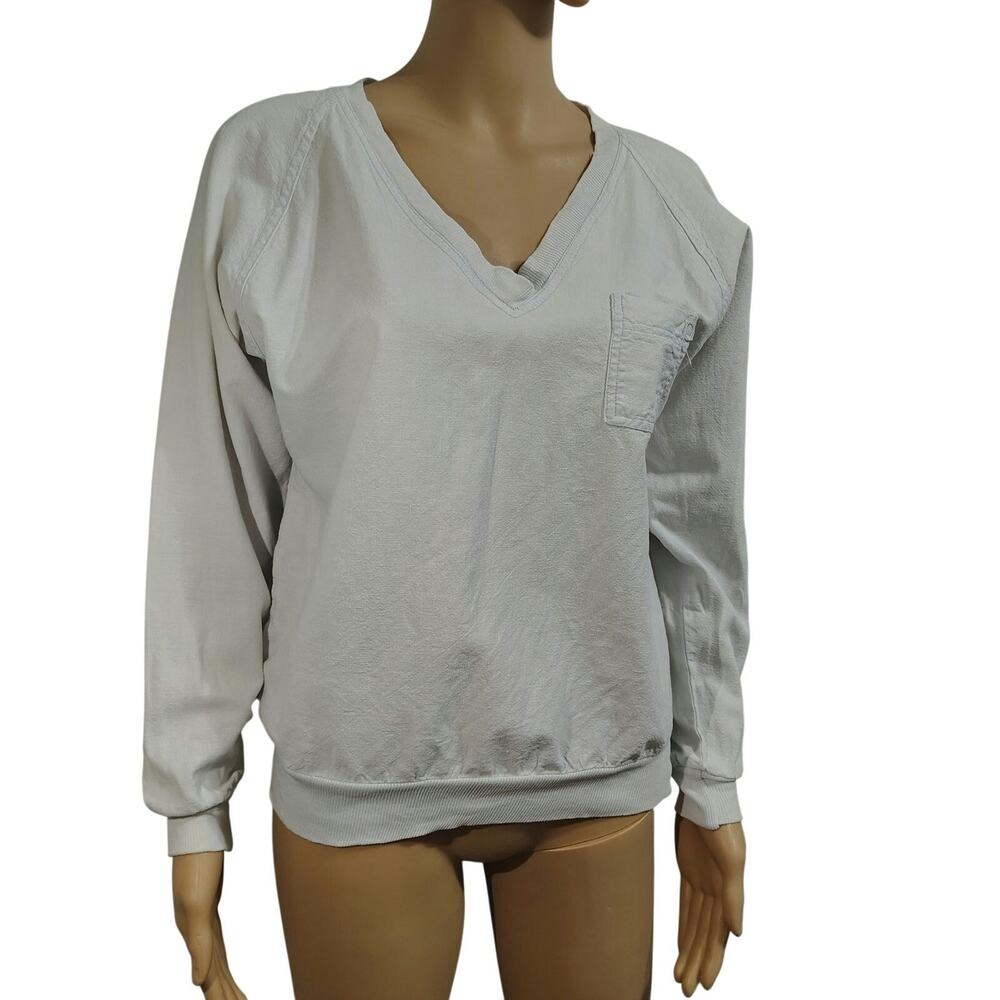 80s Light Blue Pullover Top Long Batwing Dolman Sleeves V Neckline Ribbed Size S